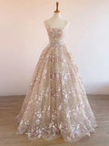 Niulatu Light Champagne A-Line Tulle Sequin Applique Long Prom Dress Formal Evening Gowns HZ1103