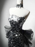 Niulatu Silver Mermaid Strapless Sequin Tulle Long Prom Dress Formal Evening Dress HZ1103