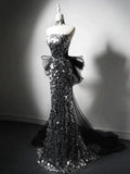Niulatu Silver Mermaid Strapless Sequin Tulle Long Prom Dress Formal Evening Dress HZ1103