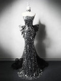 Niulatu Silver Mermaid Strapless Sequin Tulle Long Prom Dress Formal Evening Dress HZ1103