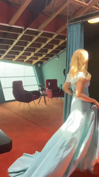 Niulatu Blue A-Line Off-shoulder Long Prom Dresses Vintage Satin Chiffon Formal Evening Dresses HZ1026