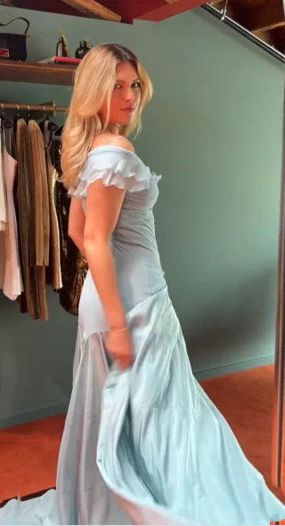 Niulatu Blue A-Line Off-shoulder Long Prom Dresses Vintage Satin Chiffon Formal Evening Dresses HZ1026