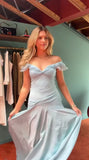 Niulatu Blue A-Line Off-shoulder Long Prom Dresses Vintage Satin Chiffon Formal Evening Dresses HZ1026