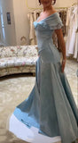 Niulatu Blue A-Line Off-shoulder Long Prom Dresses Vintage Satin Chiffon Formal Evening Dresses HZ1026