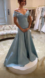Niulatu Blue A-Line Off-shoulder Long Prom Dresses Vintage Satin Chiffon Formal Evening Dresses HZ1026