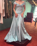 Niulatu Blue A-Line Off-shoulder Long Prom Dresses Vintage Satin Chiffon Formal Evening Dresses HZ1026