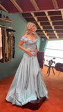 Niulatu Blue A-Line Off-shoulder Long Prom Dresses Vintage Satin Chiffon Formal Evening Dresses HZ1026