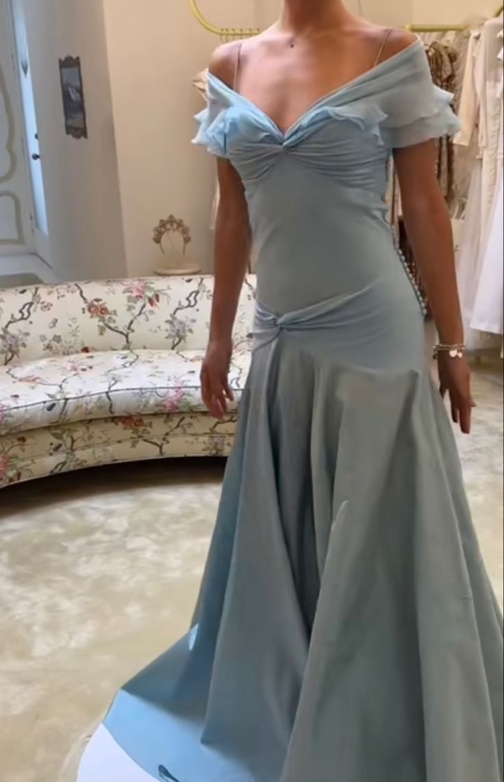 Niulatu Blue A-Line Off-shoulder Long Prom Dresses Vintage Satin Chiffon Formal Evening Dresses HZ1026