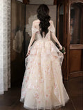 Niulatu A-Line Tulle Sequins Long Prom Dress Embroidery Applique Formal Evening Dress HZ1103