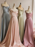Niulatu Strap A-Line Satin Simple Long Prom Dress Bridesmaid Dress HZ1103