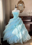 Niulatu Sky Blue A-Line Strapless Tulle Beaded Long Prom Dress Sequined Layered Adult Ceremony Dress HZ1103