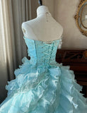 Niulatu Sky Blue A-Line Strapless Tulle Beaded Long Prom Dress Sequined Layered Adult Ceremony Dress HZ1103
