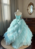 Niulatu Sky Blue A-Line Strapless Tulle Beaded Long Prom Dress Sequined Layered Adult Ceremony Dress HZ1103