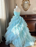 Niulatu Sky Blue A-Line Strapless Tulle Beaded Long Prom Dress Sequined Layered Adult Ceremony Dress HZ1103