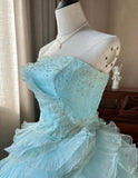 Niulatu Sky Blue A-Line Strapless Tulle Beaded Long Prom Dress Sequined Layered Adult Ceremony Dress HZ1103