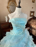 Niulatu Sky Blue A-Line Strapless Tulle Beaded Long Prom Dress Sequined Layered Adult Ceremony Dress HZ1103