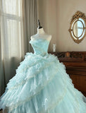 Niulatu Sky Blue A-Line Strapless Tulle Beaded Long Prom Dress Sequined Layered Adult Ceremony Dress HZ1103