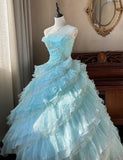 Niulatu Sky Blue A-Line Strapless Tulle Beaded Long Prom Dress Sequined Layered Adult Ceremony Dress HZ1103