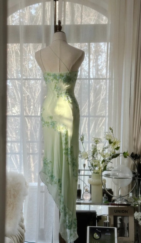 Niulatu Light Green Simple Bodycon Party Dresses Elegant One Shoulder Chiffon Applique Beaded Prom Dress HZ1103
