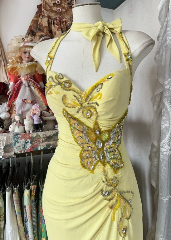 Niulatu Yellow Mermaid Formal Dresses Halter Sequin Diamond Long Prom Dress Birthday Party Outfit HZ1103