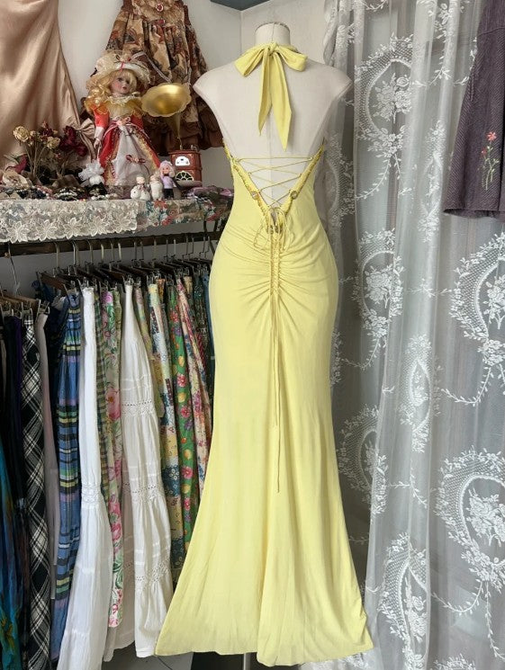 Niulatu Yellow Mermaid Formal Dresses Halter Sequin Diamond Long Prom Dress Birthday Party Outfit HZ1103