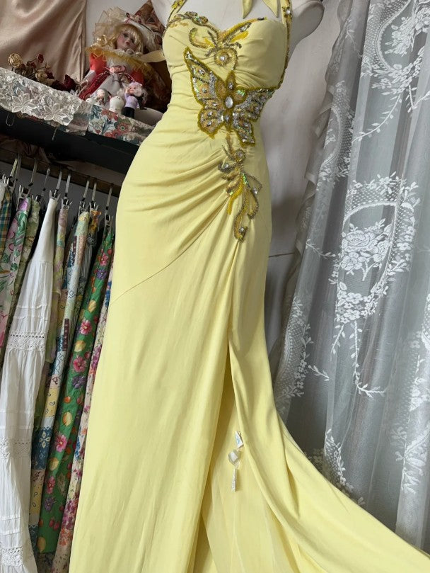 Niulatu Yellow Mermaid Formal Dresses Halter Sequin Diamond Long Prom Dress Birthday Party Outfit HZ1103