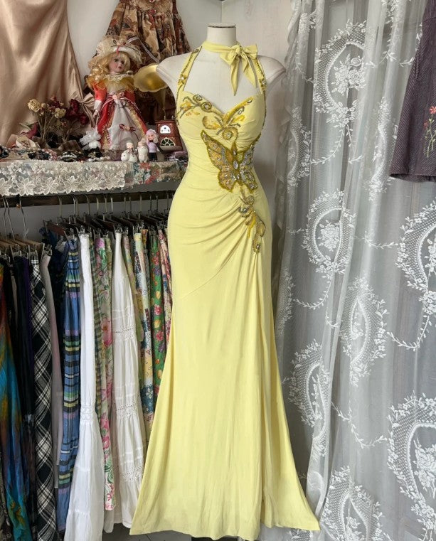 Niulatu Yellow Mermaid Formal Dresses Halter Sequin Diamond Long Prom Dress Birthday Party Outfit HZ1103