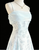 Niulatu Blue A-Line Spaghetti Strap Satin Chiffon Long Prom Dress Birthday Dress Graduation Prom Dress HZ1103