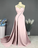 Niulatu Pink Long One Shoulder Sleeveless Prom Dress Long Slit Online HZ1103