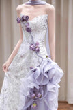 Niulatu Purple Mermaid Strapless Satin Tulle Long Prom Dress Applique Evening Gown HZ1103