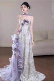 Niulatu Purple Mermaid Strapless Satin Tulle Long Prom Dress Applique Evening Gown HZ1103