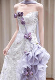 Niulatu Purple Mermaid Strapless Satin Tulle Long Prom Dress Applique Evening Gown HZ1103