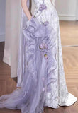 Niulatu Purple Mermaid Strapless Satin Tulle Long Prom Dress Applique Evening Gown HZ1103
