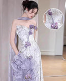 Niulatu Purple Mermaid Strapless Satin Tulle Long Prom Dress Applique Evening Gown HZ1103