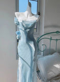 Niulatu Blue Bodycon Dress Spaghetti Strap Chiffon Long Prom Dress Graduation Prom Dress HZ1103