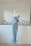 Niulatu Blue Bodycon Dress Spaghetti Strap Chiffon Long Prom Dress Graduation Prom Dress HZ1103