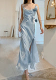 Niulatu Blue Bodycon Dress Spaghetti Strap Chiffon Long Prom Dress Graduation Prom Dress HZ1103