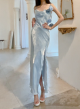 Niulatu Blue Bodycon Dress Spaghetti Strap Chiffon Long Prom Dress Graduation Prom Dress HZ1103