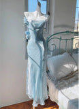 Niulatu Blue Bodycon Dress Spaghetti Strap Chiffon Long Prom Dress Graduation Prom Dress HZ1103