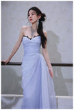 Niulatu A-Line Strapless Chiffon Pleated Long Prom Dress Chic Lace Graduation Prom Dress HZ1103
