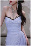 Niulatu A-Line Strapless Chiffon Pleated Long Prom Dress Chic Lace Graduation Prom Dress HZ1103