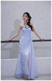 Niulatu A-Line Strapless Chiffon Pleated Long Prom Dress Chic Lace Graduation Prom Dress HZ1103