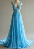 Niulatu A-Line V-neck Chiffon Beaded Long Prom Dress Simple Wedding Dress Bridesmaid Dress HZ1026
