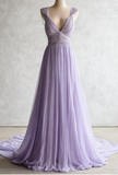 Niulatu A-Line V-neck Chiffon Beaded Long Prom Dress Simple Wedding Dress Bridesmaid Dress HZ1026