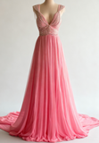 Niulatu A-Line V-neck Chiffon Beaded Long Prom Dress Simple Wedding Dress Bridesmaid Dress HZ1026