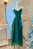 Niulatu Green A-Line Spaghetti Strap Chiffon Long Prom Dress V-Neck Layered Evening Gown HZ1103