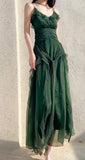 Niulatu Green A-Line Spaghetti Strap Chiffon Long Prom Dress V-Neck Layered Evening Gown HZ1103