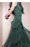 Niulatu Green A-Line Spaghetti Strap Chiffon Long Prom Dress V-Neck Layered Evening Gown HZ1103