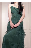 Niulatu Green A-Line Spaghetti Strap Chiffon Long Prom Dress V-Neck Layered Evening Gown HZ1103