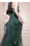 Niulatu Green A-Line Spaghetti Strap Chiffon Long Prom Dress V-Neck Layered Evening Gown HZ1103